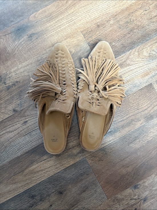 Zara Shoes - Zara Tan Suede Fringe Woven Slip-On Mules